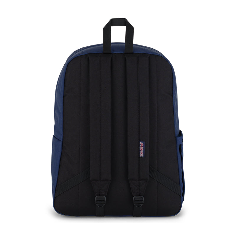 Navy Jansport backpack with black back panel and dual shoulder straps