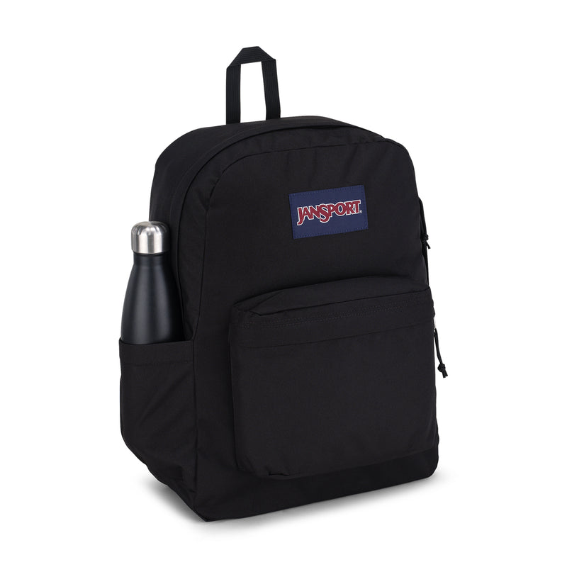 Black JanSport Superbreak Plus backpack with side water-bottle pocket and logo patch