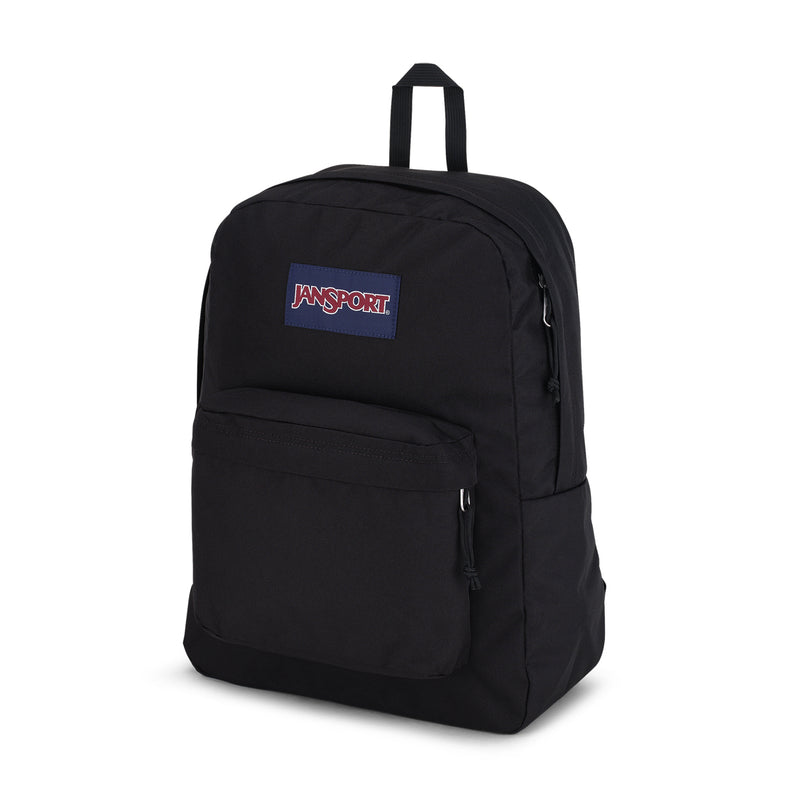 Black JanSport Superbreak Plus backpack, front three-quarter view with logo patch