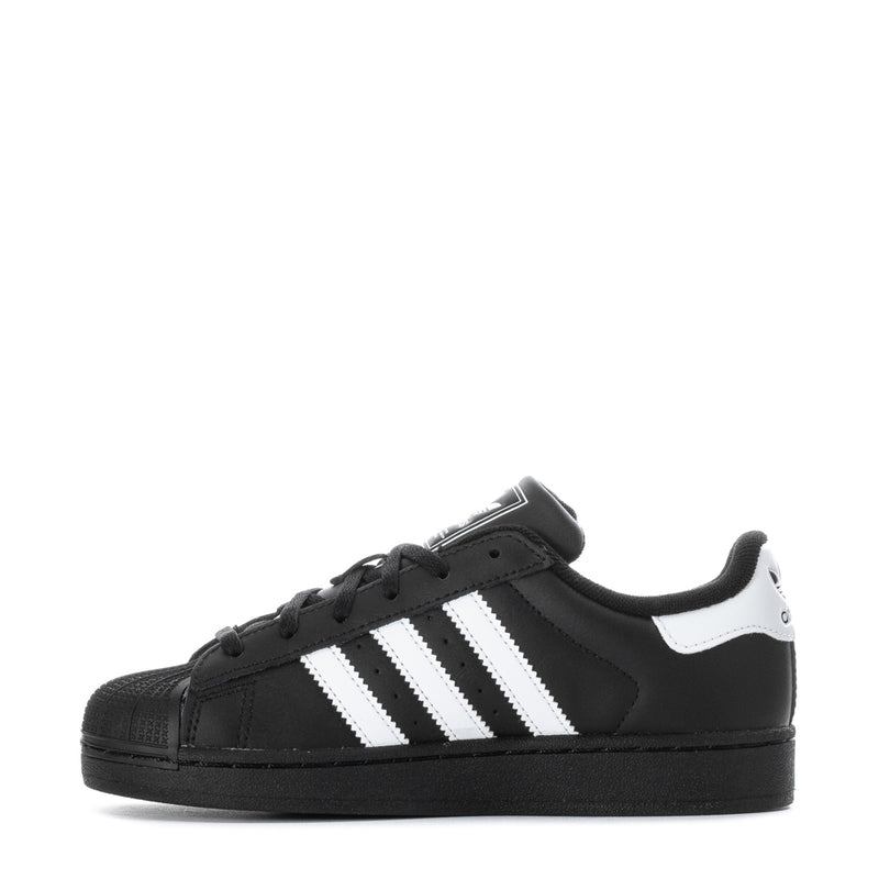 Kids black Adidas Superstar II sneaker, side profile with white stripes and lace-up