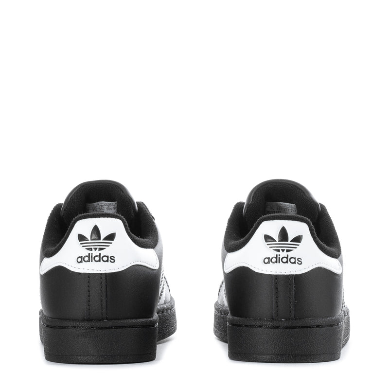Kids black Adidas Superstar II sneakers, back view with heel tab and adidas logo