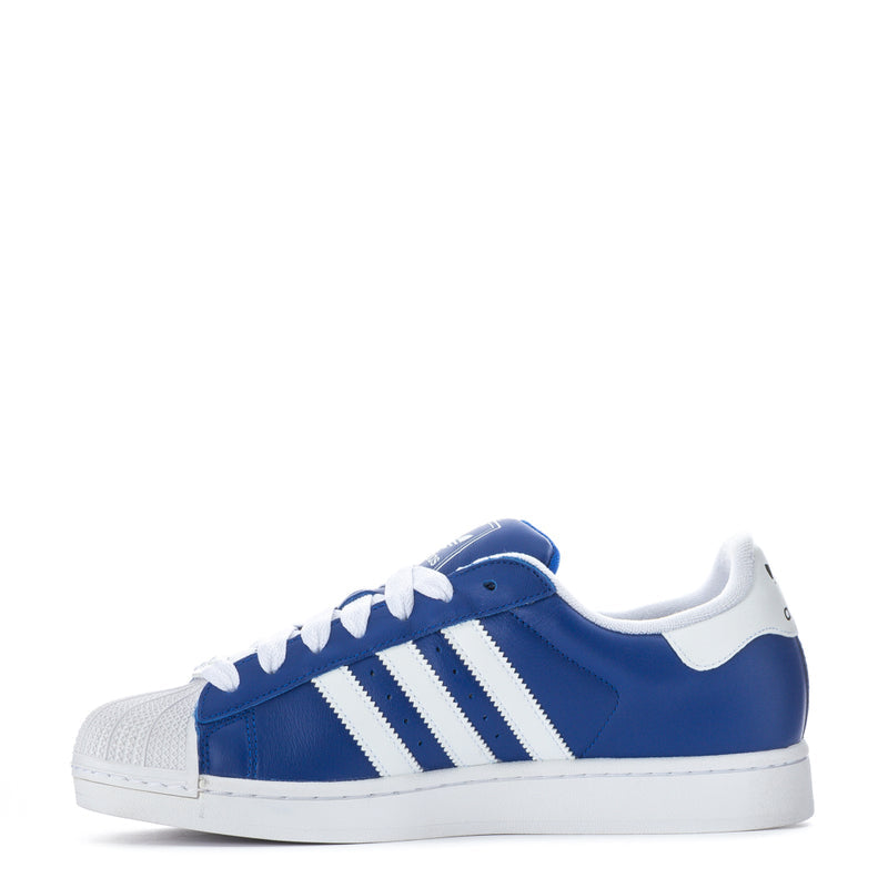 Men's Superstar II low-top sneakers, blue upper with white three-stripe design and lace-up