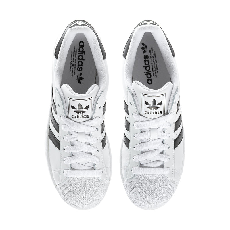 Men's adidas Superstar II sneakers viewed from heel, white leather with black detailing