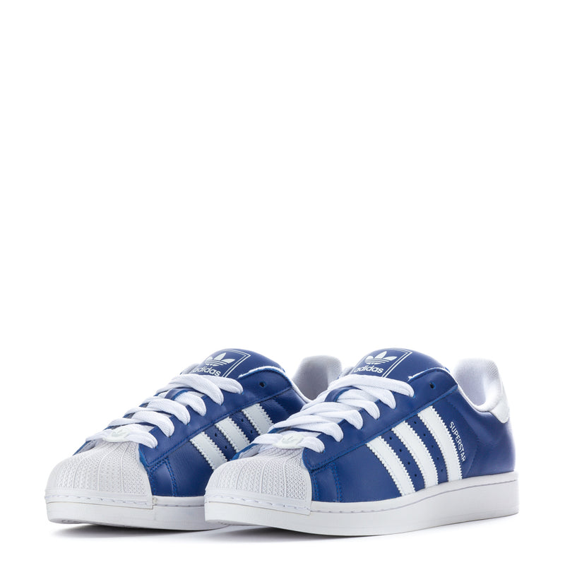Pair of Men's Superstar II sneakers, blue and white with adidas stripes and white soles