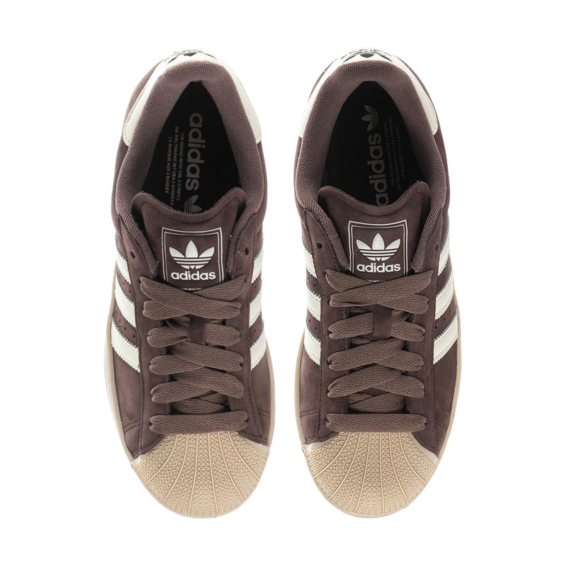 Pair of men's adidas Superstar II sneakers, dark brown uppers with beige insoles and laces