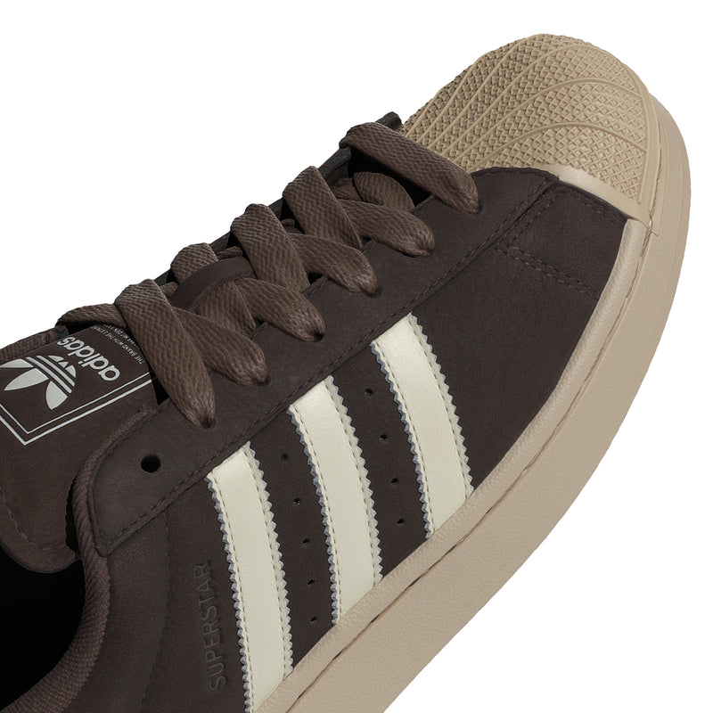 Men's adidas Superstar II sneaker upper, dark brown suede with off-white stripes and lace