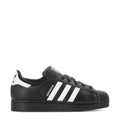 Black low-top lace-up sneakers with white three-stripe side and Superstar II label.