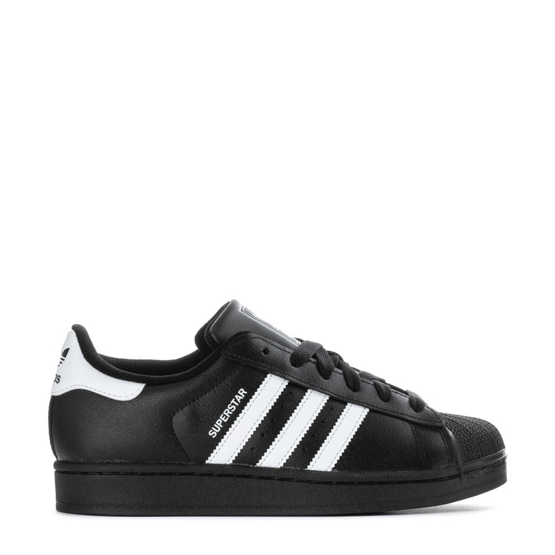 Youth Superstar II sneakers, black leather-look with white three-stripe design