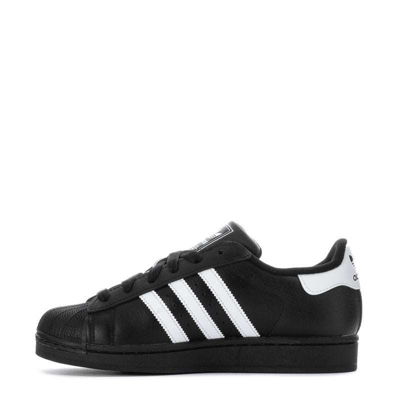 Youth Superstar II sneakers, black with white stripes and lace-up front