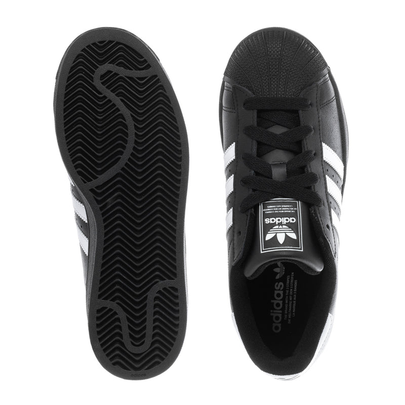 Youth Superstar II sneakers, black outsole tread and heel with adidas logo