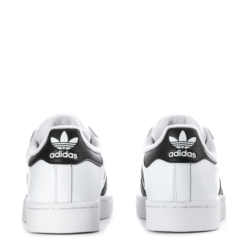 adidas Superstar II youth sneakers, back view in white with black adidas heel tab