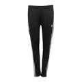 Women's black track pants with white triple side stripes, slim tapered fit