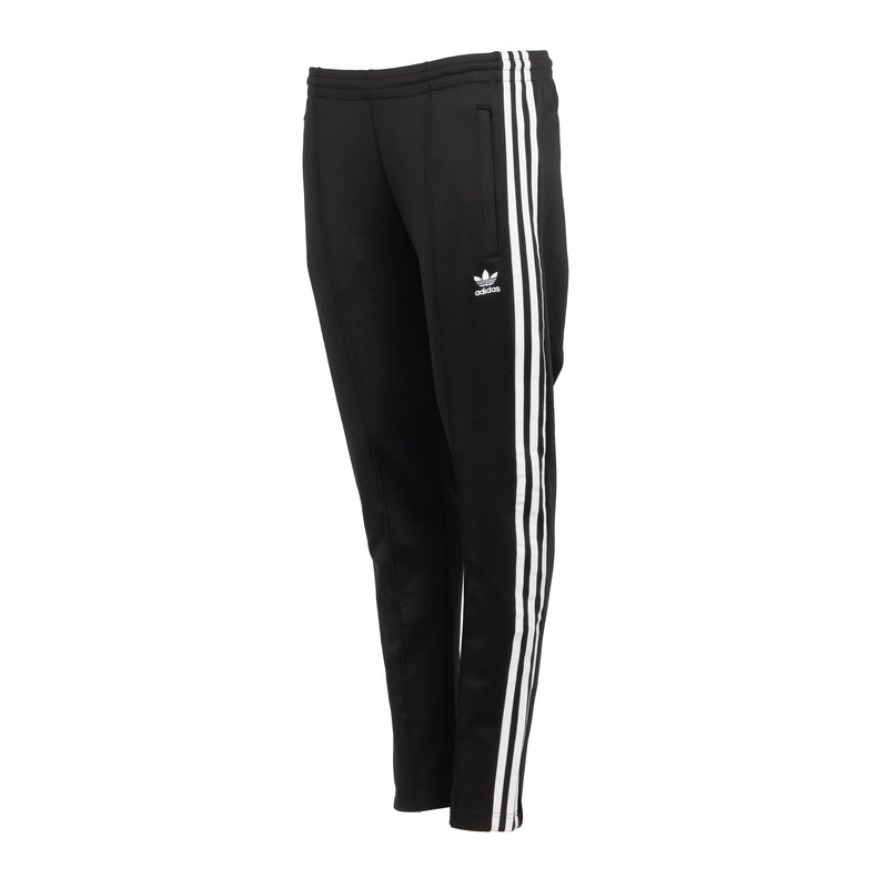 Women's black track pants with white triple side stripes and small adidas logo