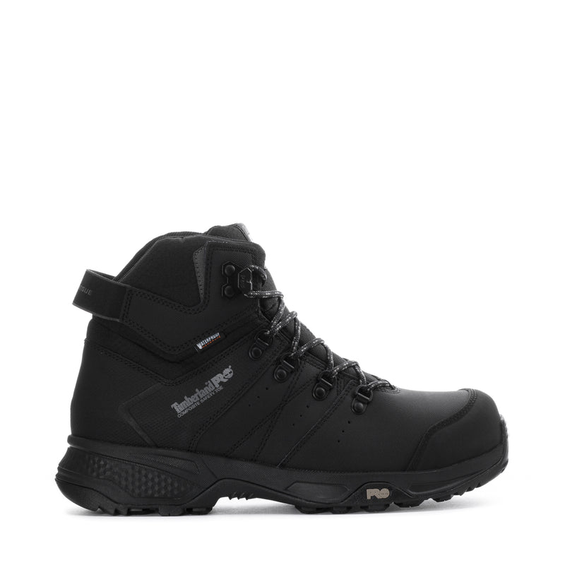 Men's black waterproof work boot with composite toe and lace-up side view