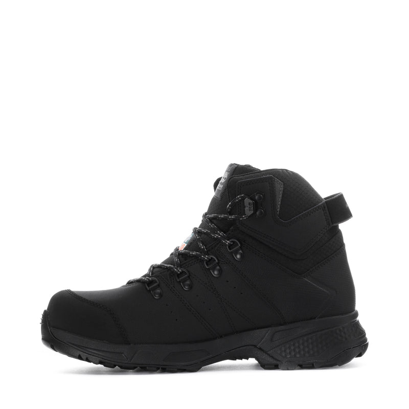 Men's black waterproof work boot with lace-up front and hook-and-loop strap