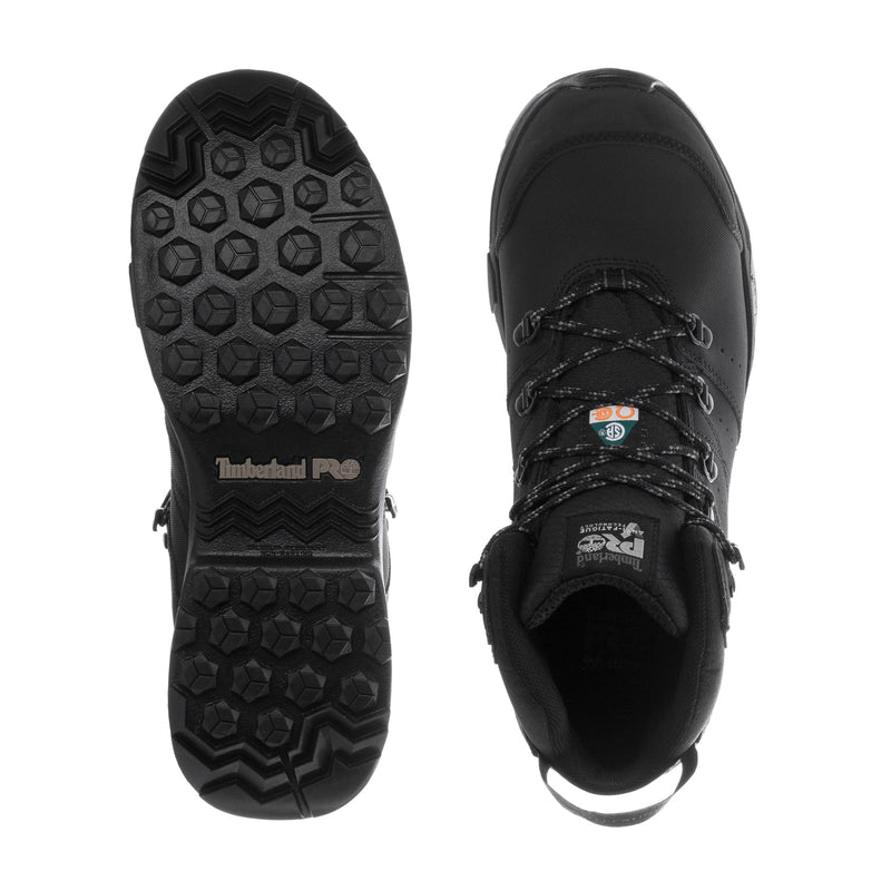 Black boot soles and toe view with textured tread