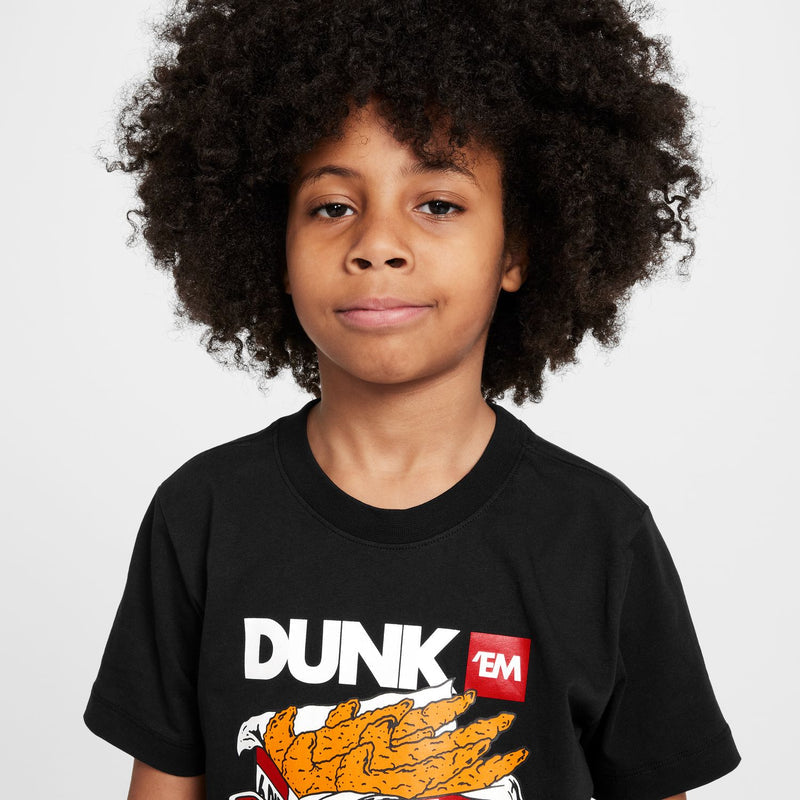 Youth black crewneck T-shirt with DUNK'EM graphic featuring Nike swoosh