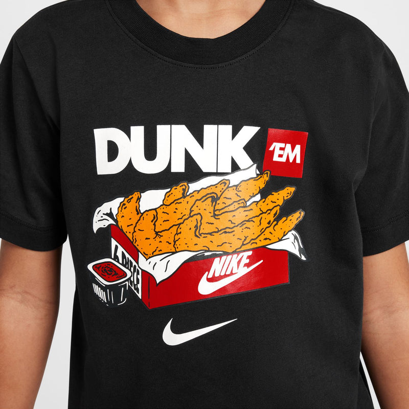 Youth black crewneck T-shirt with DUNK'EM graphic and Nike swoosh