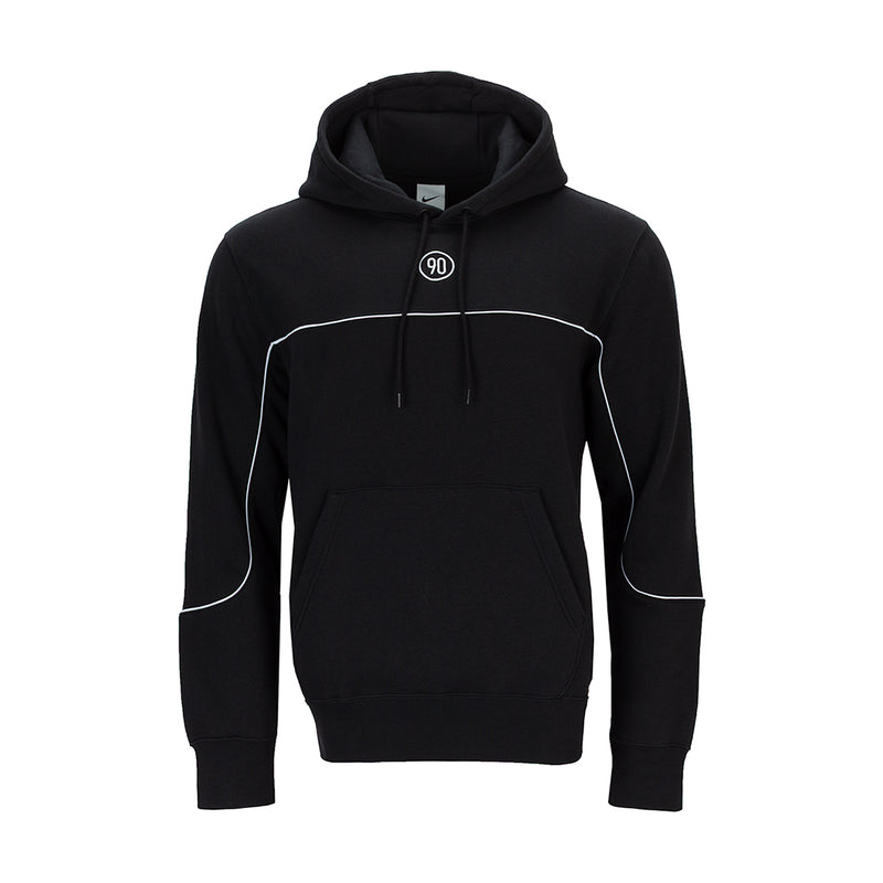 Men's black pullover hoodie with white contrast piping, 90 logo on chest, drawstrings