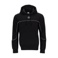 Men's black pullover hoodie with white contrast piping, 90 logo on chest, drawstrings