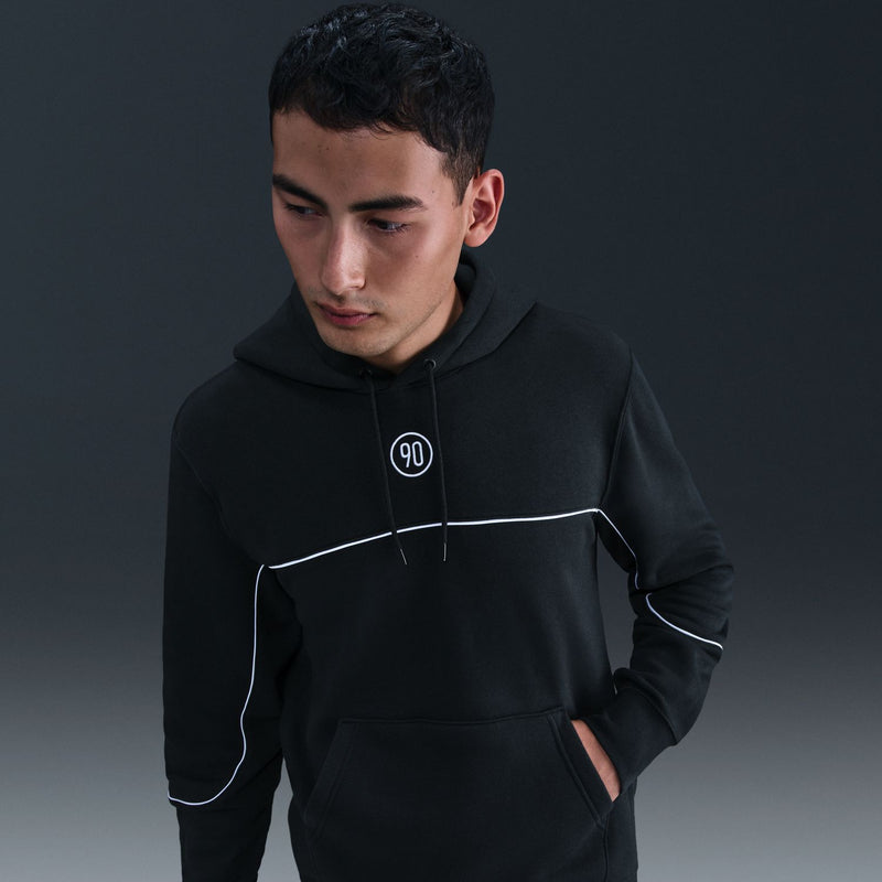Men's black pullover hoodie with white contrast piping and small 90 emblem