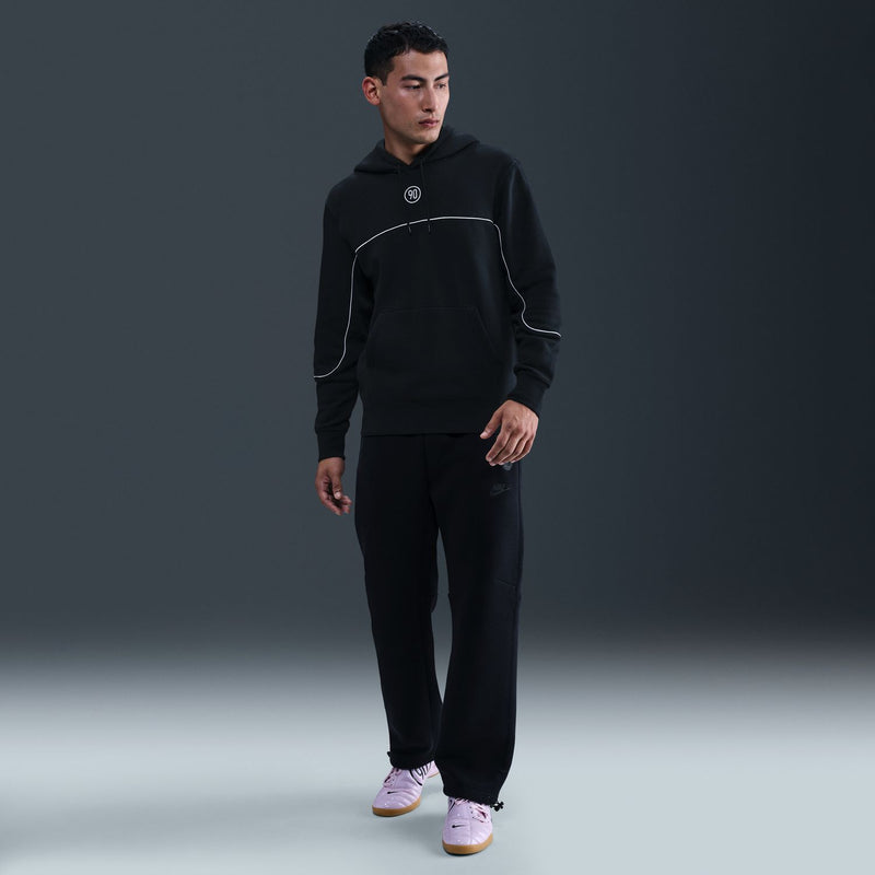 Men's black hoodie with white piping, front pouch pocket, and drawstring hood