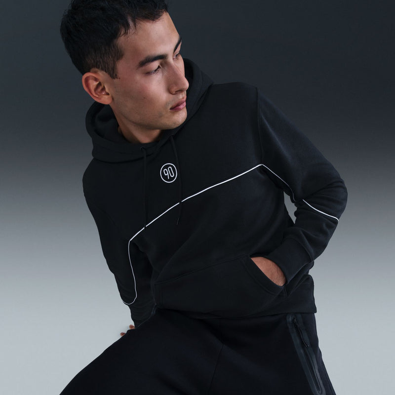 Men's black hoodie with white-lined pocket and drawstring hood, side view