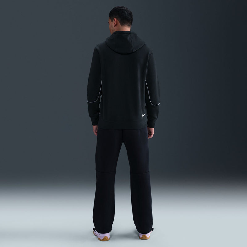 Men's black hoodie with white piping on sleeves, back view, pullover style