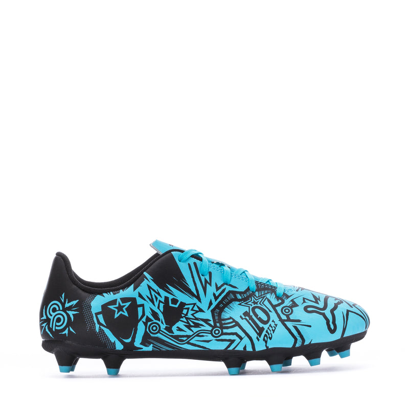 Youth soccer cleat with bright blue graphic upper and black collar, FG/AG studs