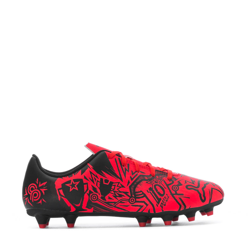 Youth soccer cleat, red upper with black pattern and black trim; red studs