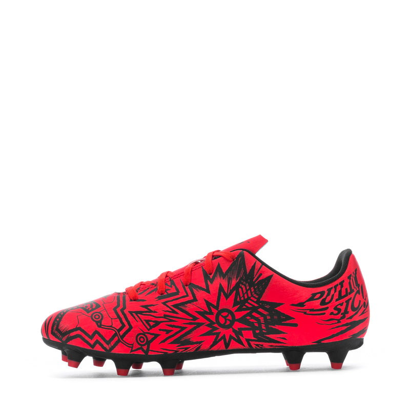Youth soccer cleat side view, red patterned upper with black heel; red bottom studs