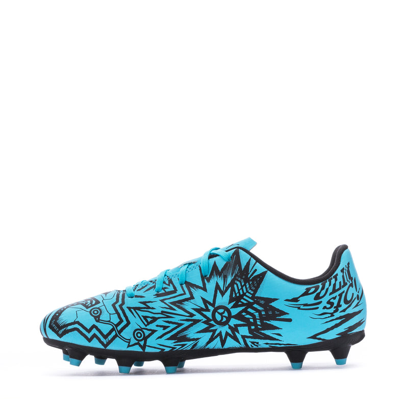 Youth soccer cleat, side view, blue patterned upper with turquoise laces and black heel