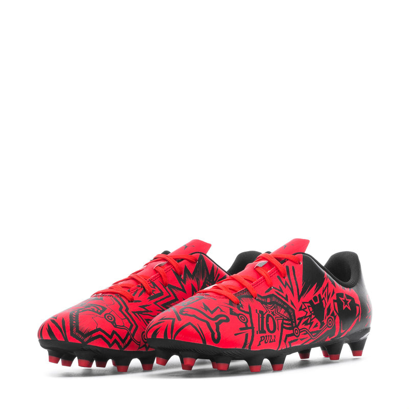 Youth soccer cleat front view, red geometric graphics, red laces, black collar; studs