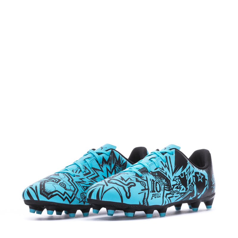 Youth soccer cleat, front view, turquoise blue graphic upper with black accents and studs