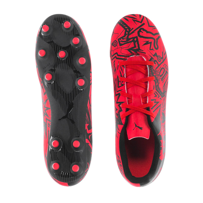 Youth soccer cleat outsole and inside view, black bottom with red studs and red accents