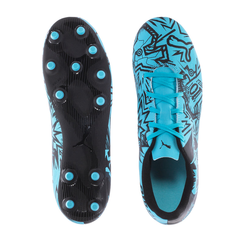 Youth soccer cleat outsole view, black stud plate with blue-patterned side