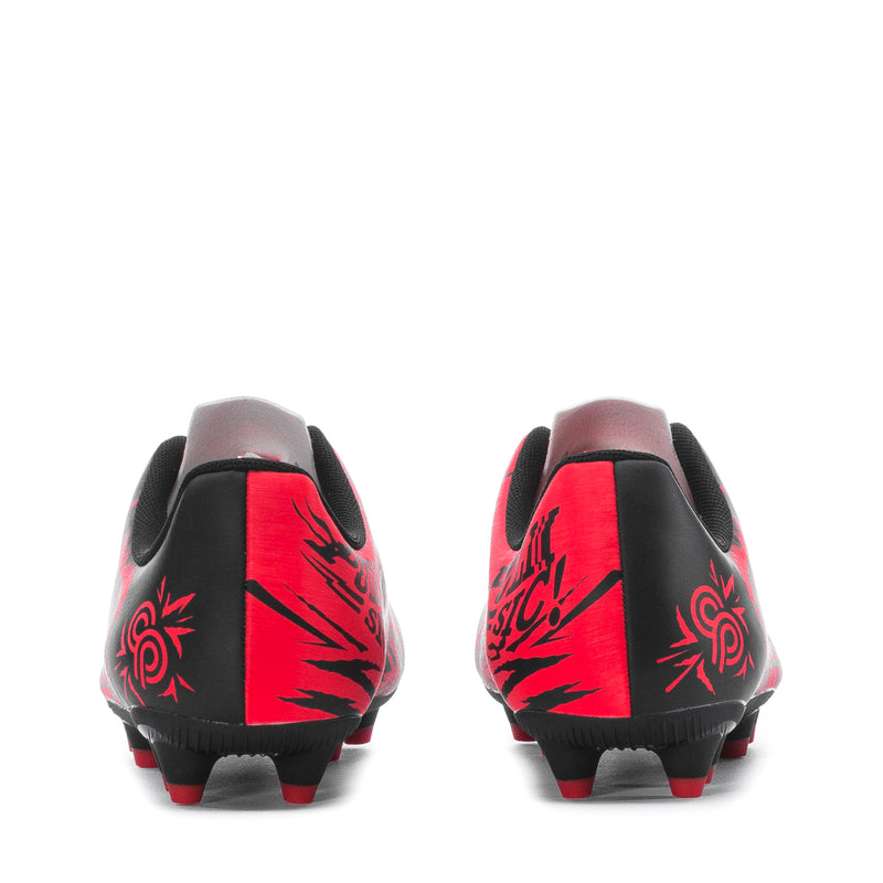 Youth soccer cleat back view, red-and-black graphic heel with red studs