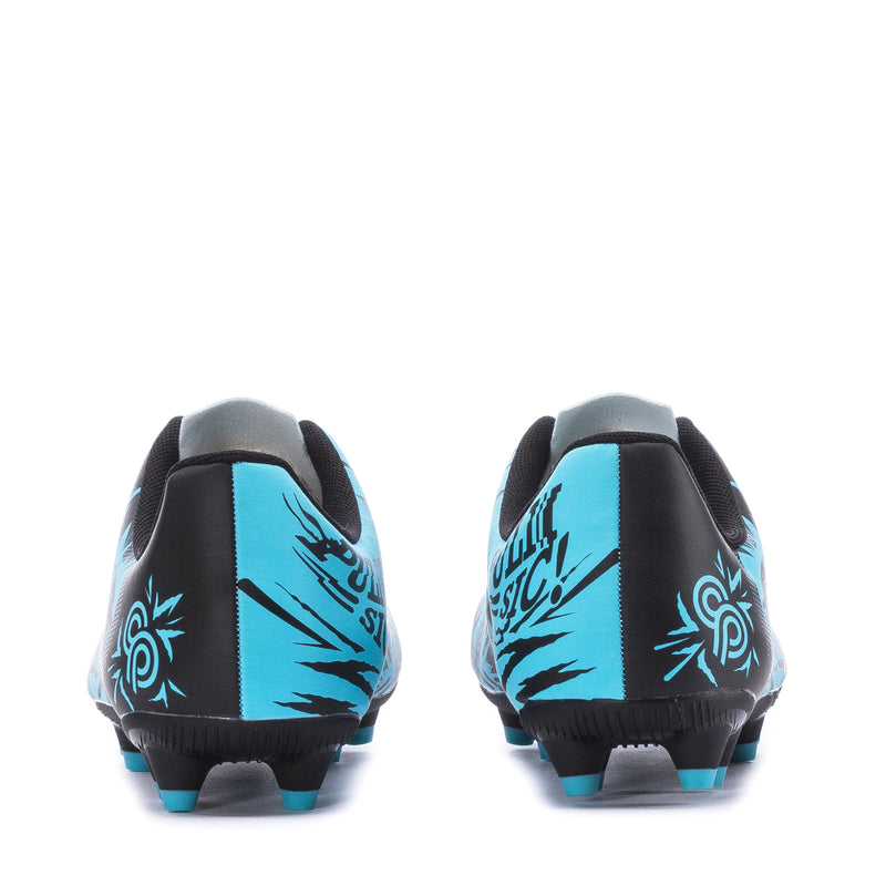 Youth soccer cleat heel view, black back with blue graphic panels and turquoise studs