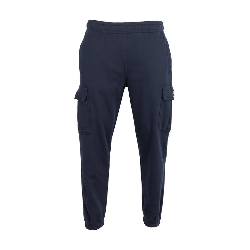 Men’s navy tapered cargo fleece pants, elastic waistband, drawstring, cargo pockets