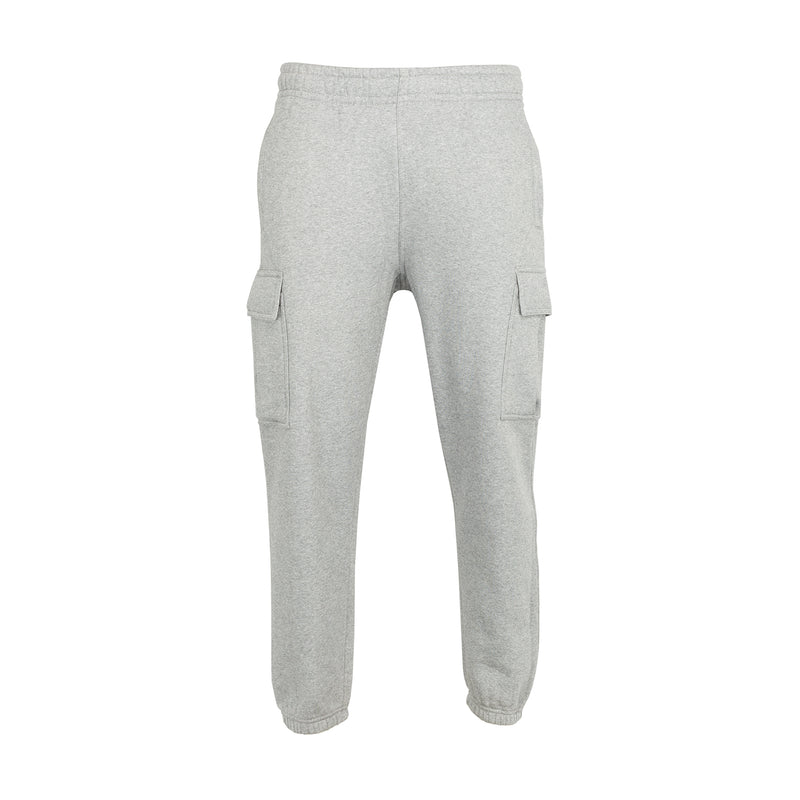 Heather grey fleece cargo pants with elastic waistband and side cargo pockets