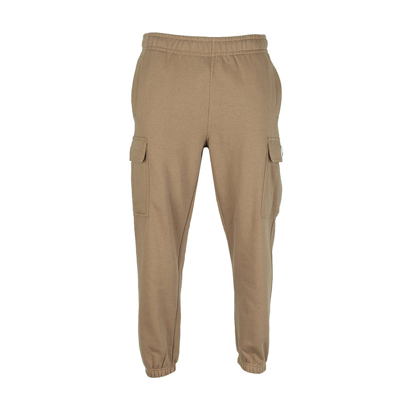 Men's tapered cargo fleece pants in hemp brown with elastic waistband and cargo pockets