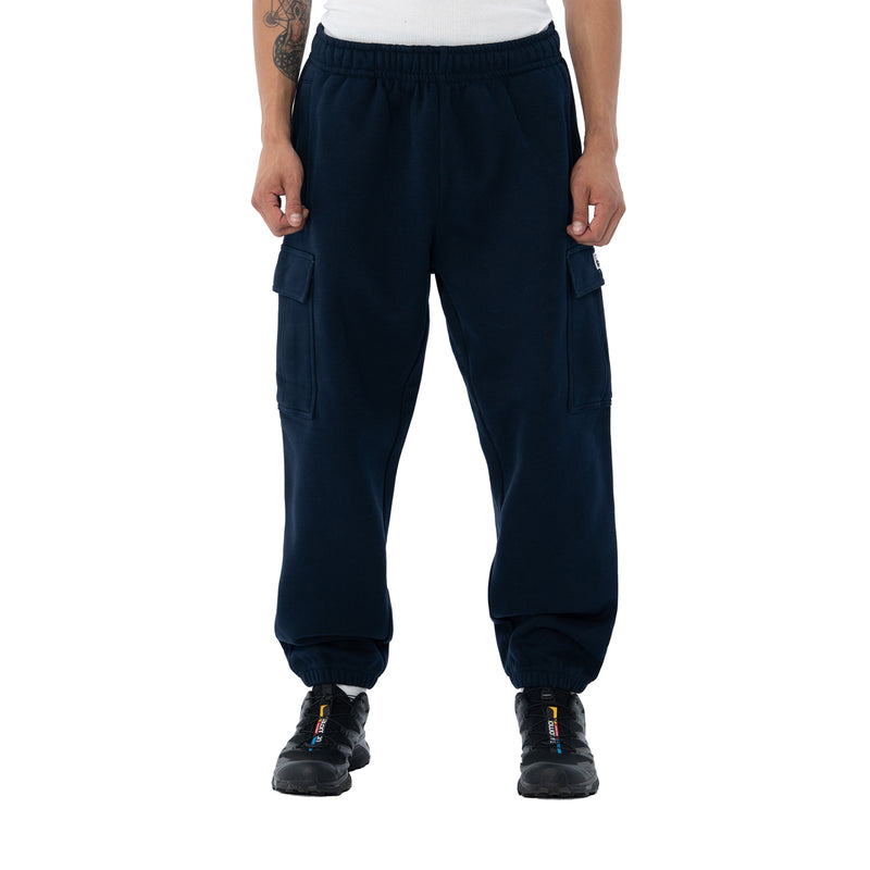Men’s navy tapered cargo fleece pants with side cargo pockets and elastic cuffs
