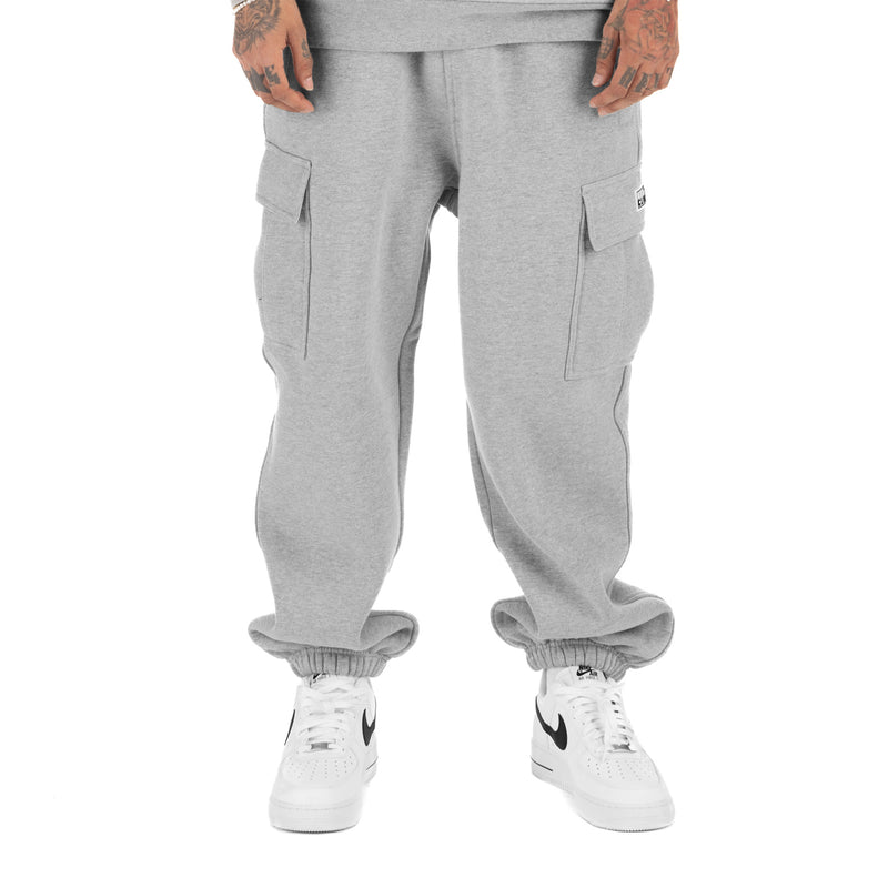 Heather grey fleece cargo pants, tapered leg, cuffed hems, side pockets