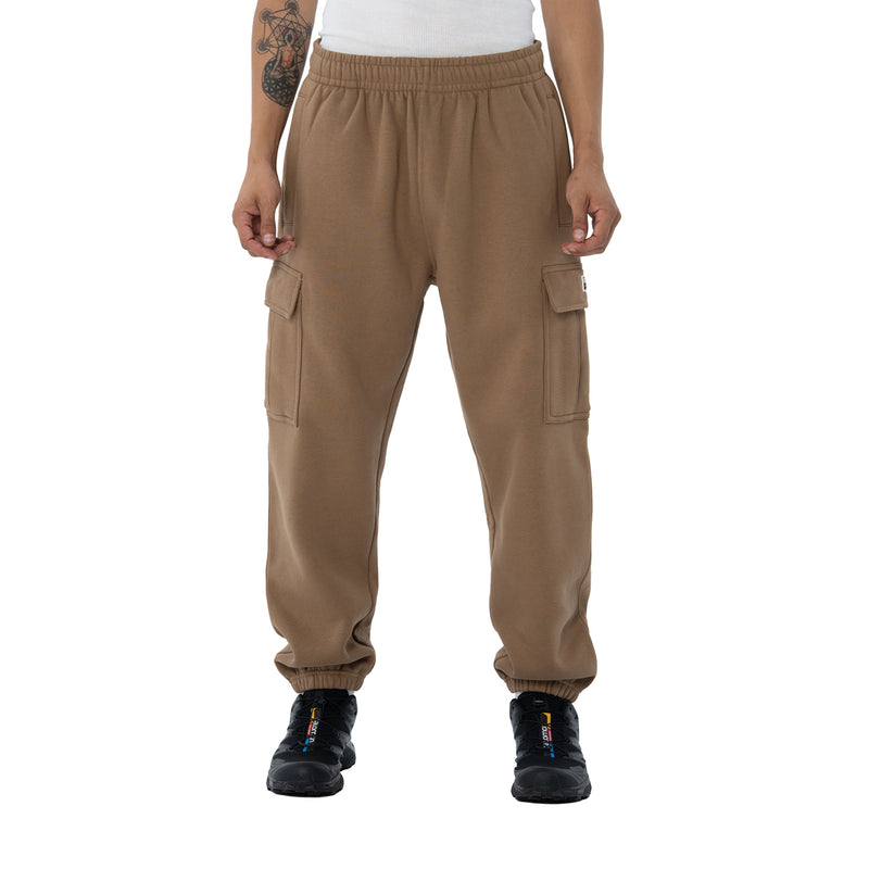 Men's tapered cargo fleece pants, hemp brown; side cargo pockets and cuffed jogger hem