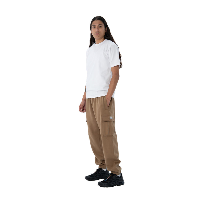 Men's tapered cargo fleece pants in hemp brown with cargo pocket detailing and tapered legs