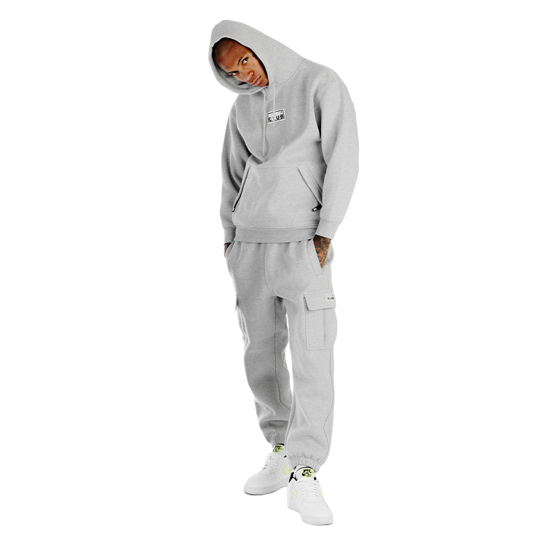 Heather grey fleece cargo pants with cargo pocket flap and cuffed ankle hem