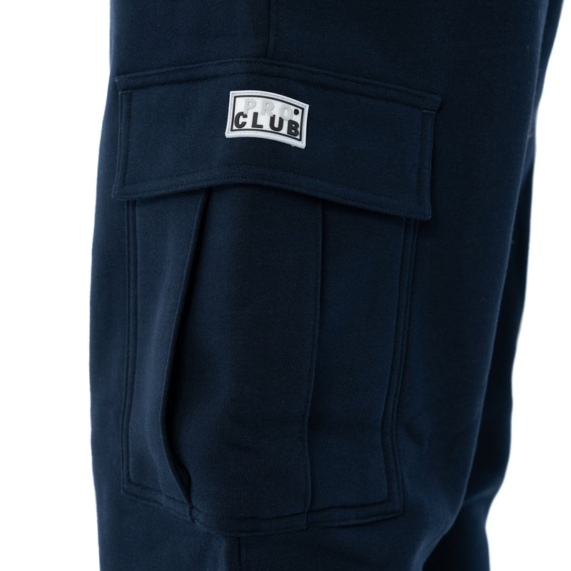 Navy cargo fleece pant pocket with 'CLUB' patch logo and flap detail