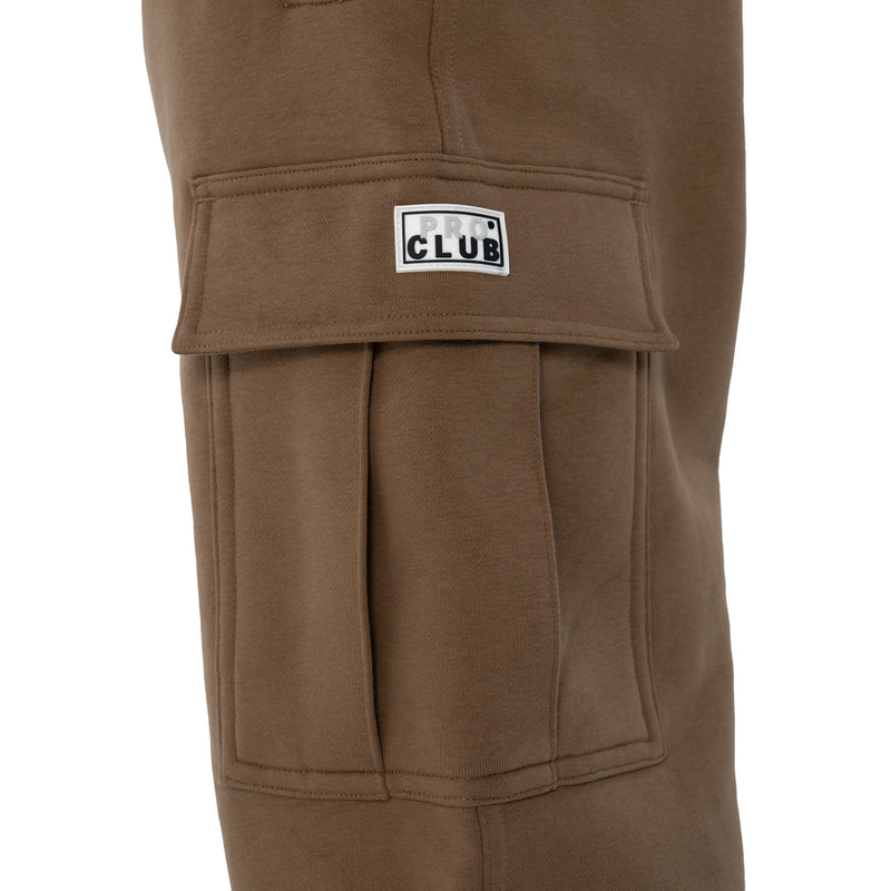 Men's hemp brown cargo fleece pants with CLUB logo patch and front storage pocket