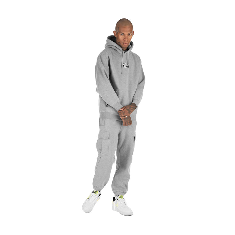 Heather grey fleece cargo pants with front side cargo pockets and tapered fit