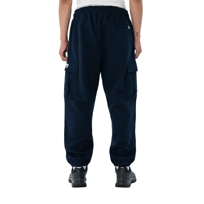 Men’s navy tapered cargo fleece pants, back view with side cargo pockets and elastic cuffs